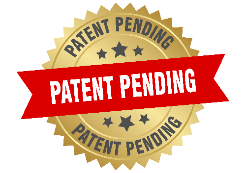 Patent pending stamp with gold border and red banner on a white background