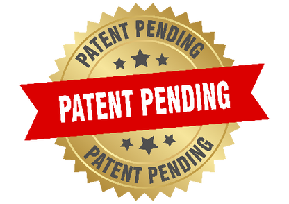 Patent pending stamp with gold border and red banner on a white background